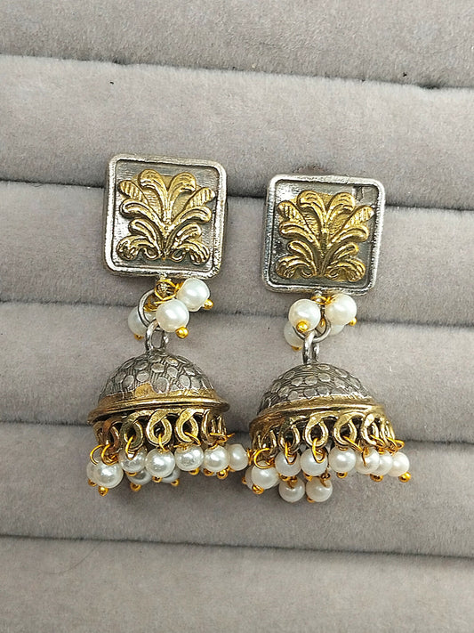 H&A Jewellery dome-shaped jhumka earrings with gold-toned floral studs and hanging pearl bead drops.