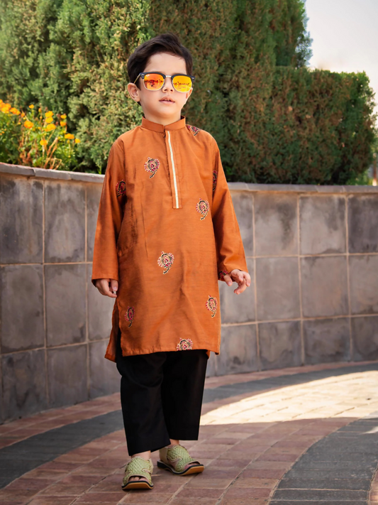 Kidoz Kloset Cotton Silk Printed Kurta Pajama-Mari Gold