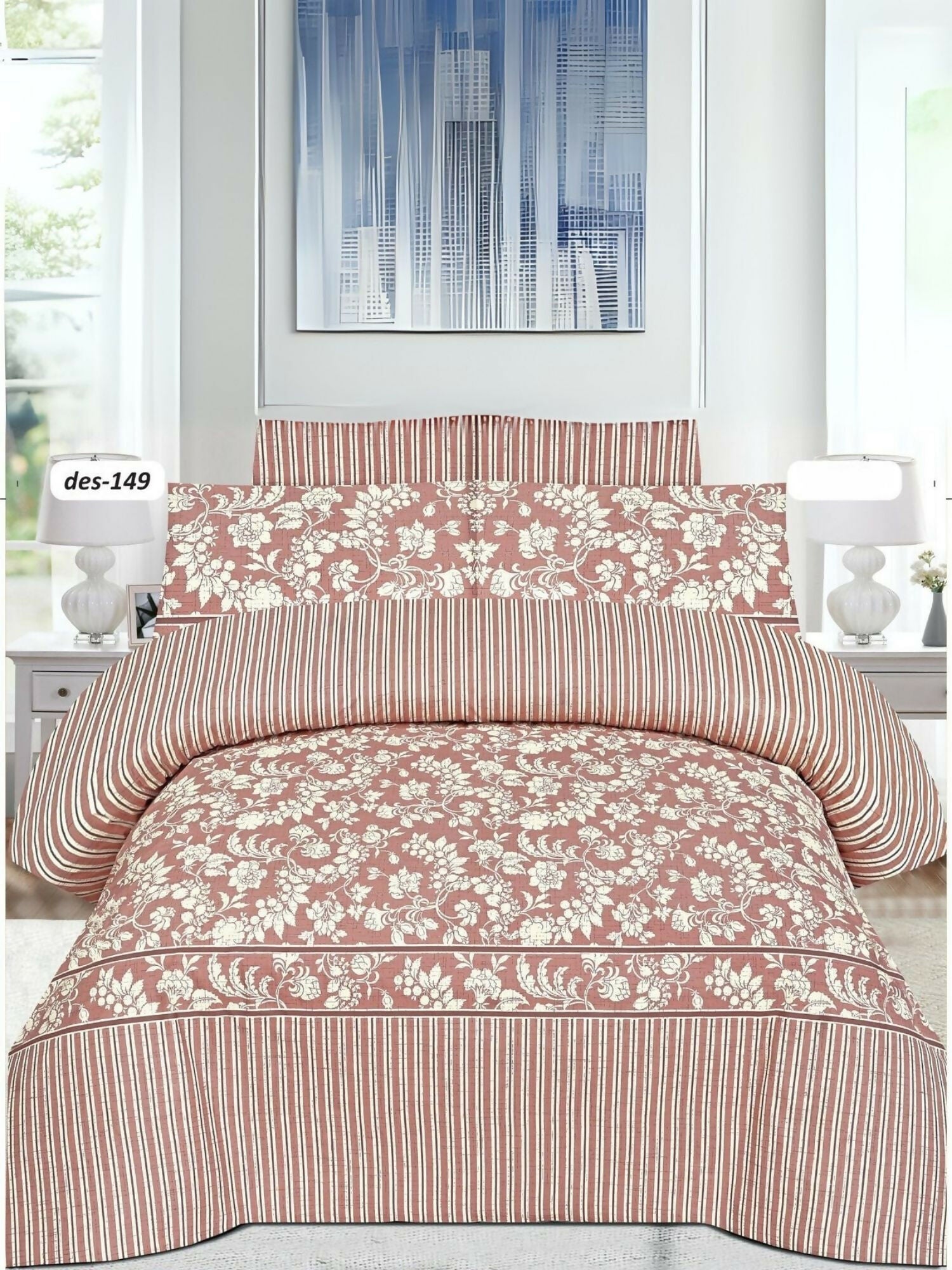 Peach-beige floral printed king-size bedsheet set with two matching pillow covers in poly cotton