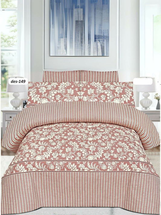 Peach-beige floral printed king-size bedsheet set with two matching pillow covers in poly cotton
