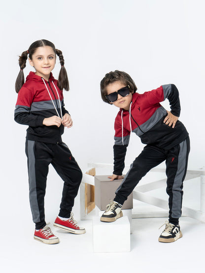 Red, Black, Grey Velvour Fleece Hooded Tracksuit-VWT06-A
