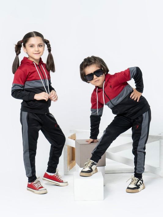 Red, Black, Grey Velvour Fleece Hooded Tracksuit-VWT06-A