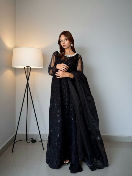 Black Zubia Motiwalla Net Embellished Stitched 2-Piece Suit-ZM294