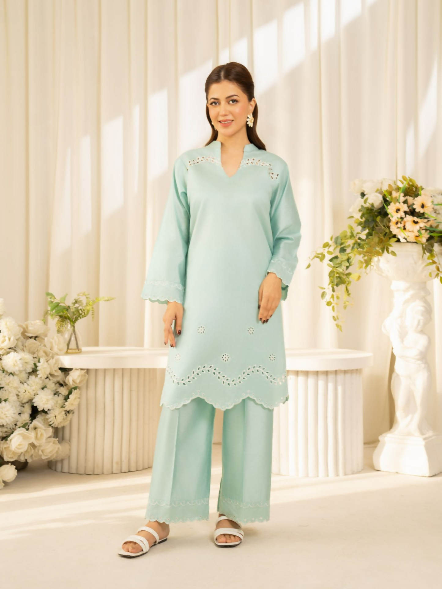 Panache Apparel Sunlit Essentials Slub Cambric Embroidered Co-Ord Set-Skylin