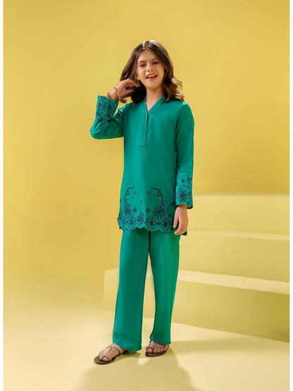 Green Velvour Girls Printed Co-ord Set-VG155-A