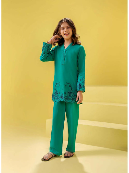 Green Velvour Girls Printed Co-ord Set-VG155-A
