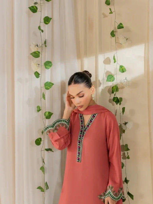 Salmon Pink Ayat Closet Linen Embroidered Stitched 3-Piece Suit-Laal-e-Rang