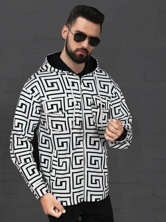 Black and White Jupiter Gender Neutral All Over Printed Front Pockets Zipper Hoodie-14689