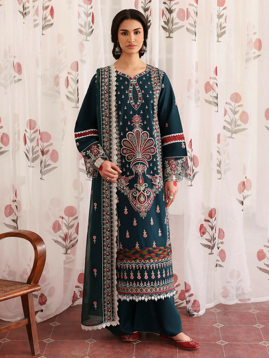 Unstitched 3-piece lawn suit from Mahnur Aangan collection with embroidered shirt, chiffon dupatta, and dyed trouser.
