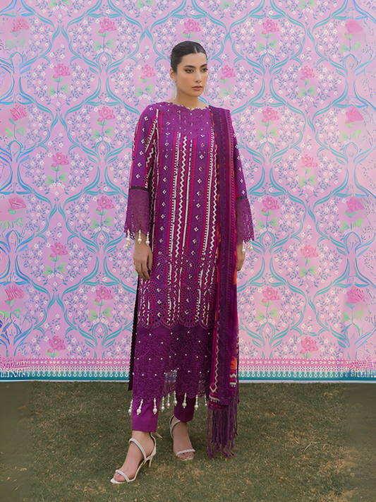 Woman wearing a purple unstitched 3 piece suit with red and white chikankari embroidery, chiffon dupatta, and cotton trouser