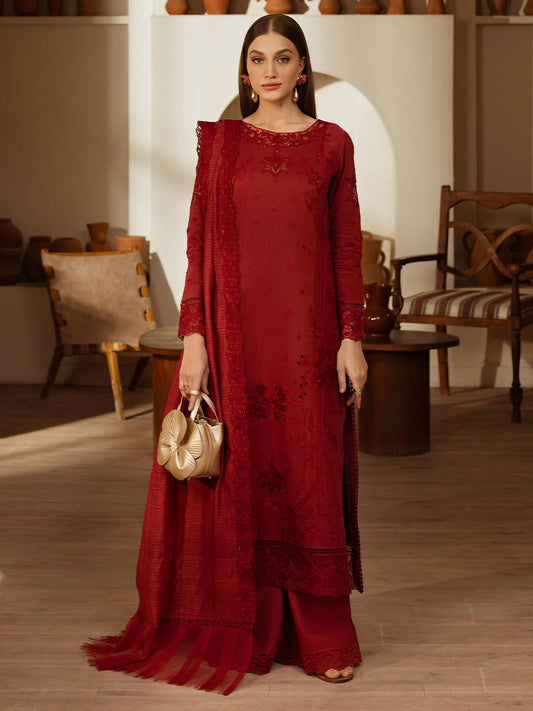 Stitched 3 piece lawn suit from Mahnur Florence Collection with embroidered shirt, Monark dupatta, and dyed trouser