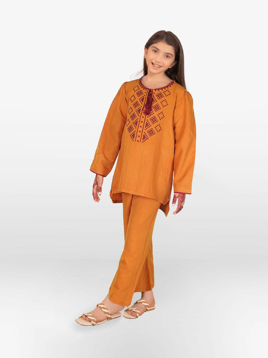 Orange Velvour Girls Embroidered Stitched 2-Piece Suit-VG125-A