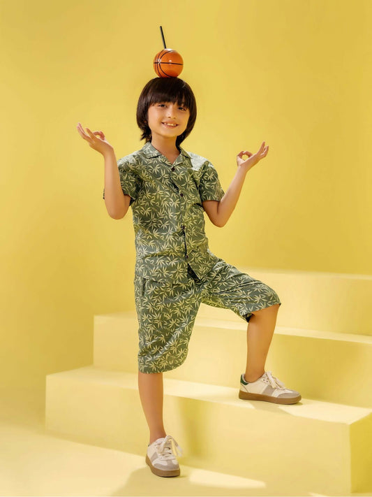 Green Velvour Boys & Girls Printed Co-ord Set-VC10