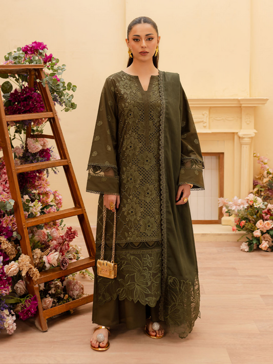 Unstitched 3-piece embroidered suit with detailed lawn shirt, dyed trouser, and embroidered dupatta.