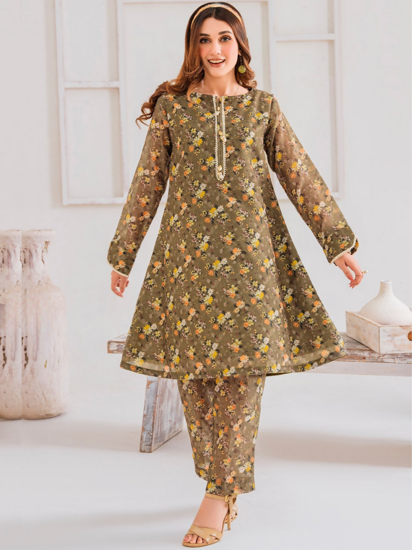 Panache Apparel Chambray Katan Printed Stitched 2-Piece Suit-Evergreen