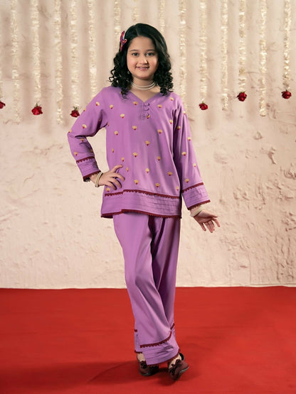 Velvour Girls Cotton Embroidered Stitched 2-Piece Suit-VG180-B