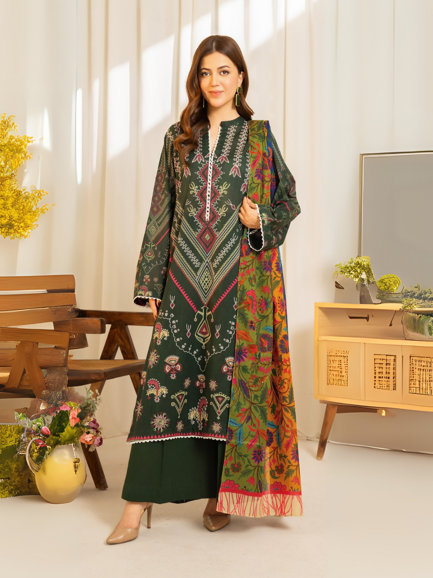 Dark green printed lawn suit with multicolor voile dupatta