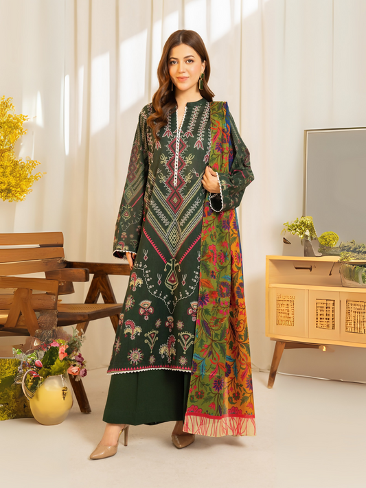 Dark green printed lawn suit with multicolor voile dupatta