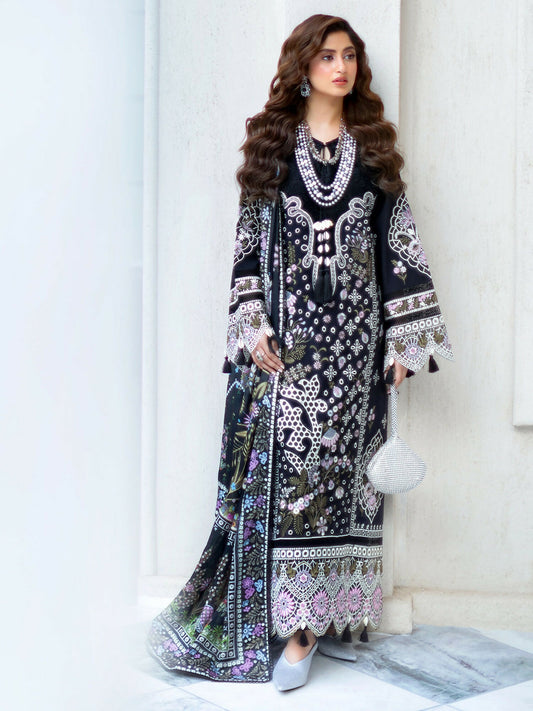 Stitched 3-piece suit from Mahnur Sophie Luxury Lawn with embroidered shirt, printed silk dupatta, and dyed trouser.