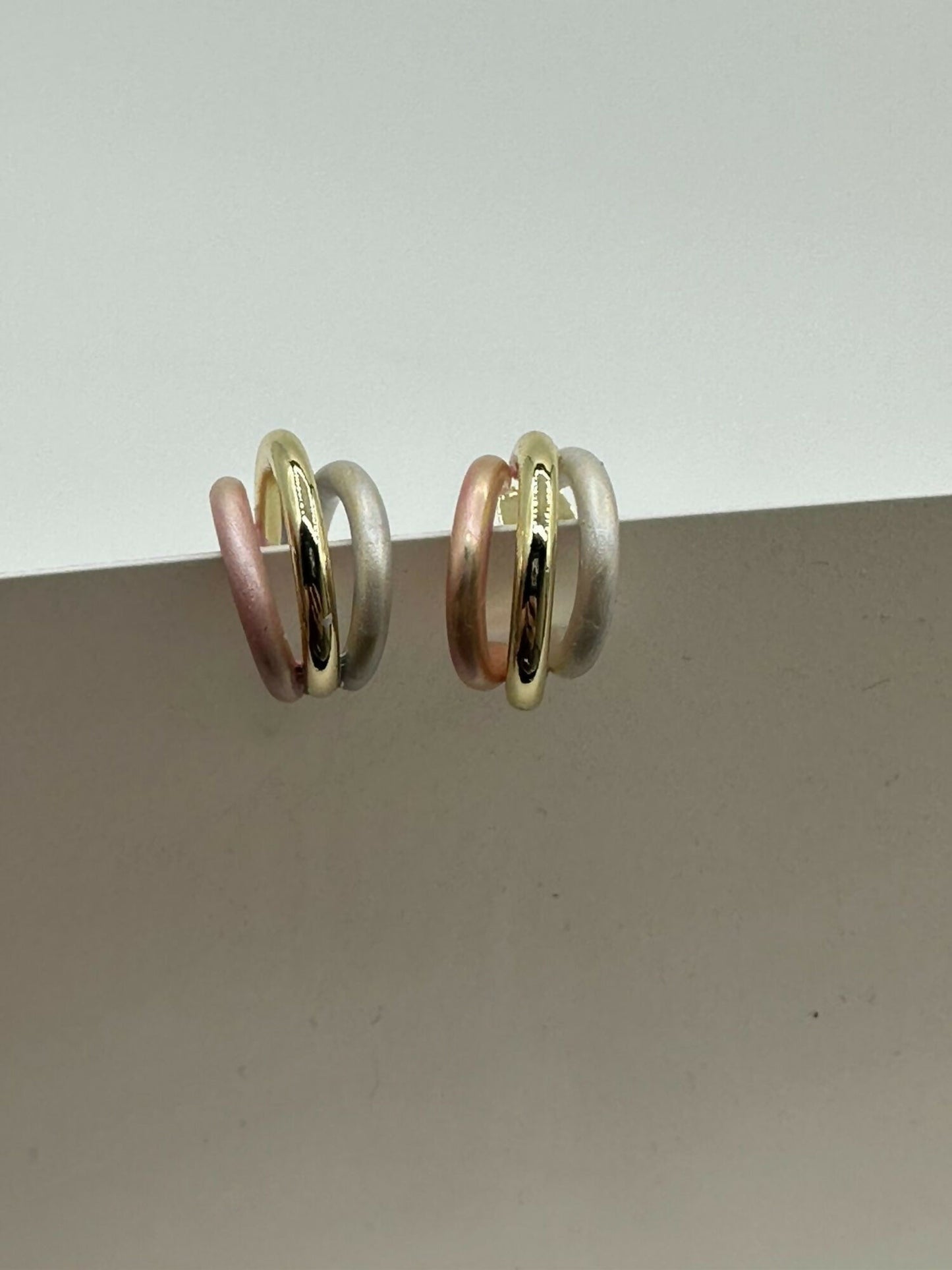 H&A Jewellery Handcrafted Triple-Tone Small Brass Hoop Earrings