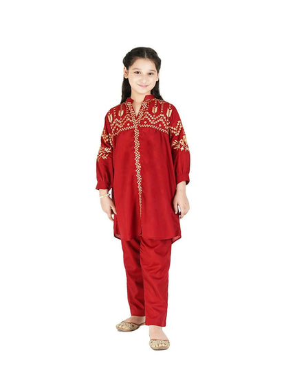 Velvour Girls Cotton Embroidered Stitched 2-Piece Suit-VG77-D