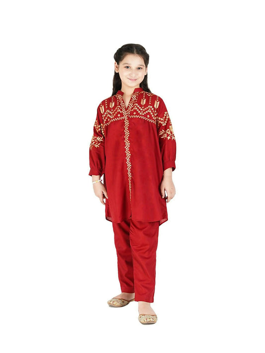 Velvour Girls Cotton Embroidered Stitched 2-Piece Suit-VG77-D