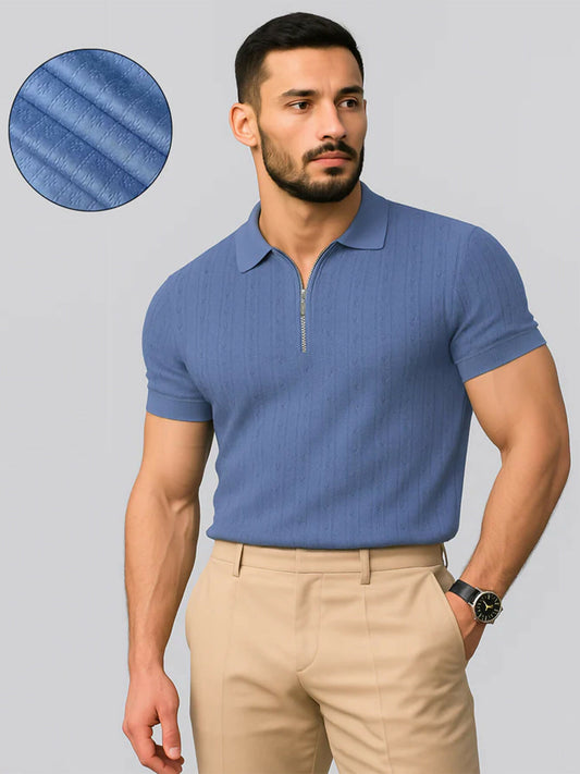 Jupiter self-textured Turkish fashion trendy men’s polo shirt in 100% cotton with classic soft collar, ribbed cuffs, side vents, and high-density logo.