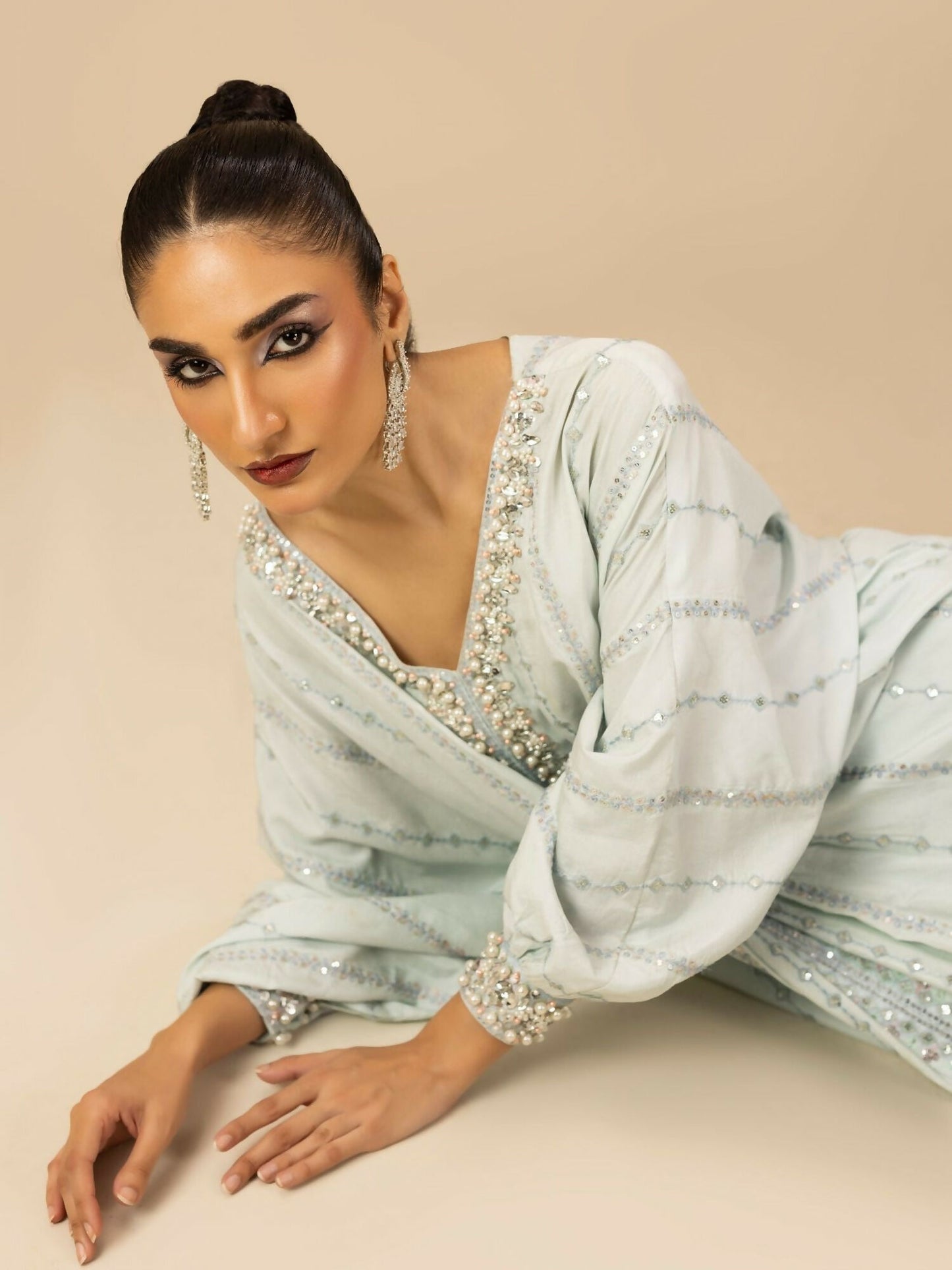 Shurooq Garden Of Dreams Silk Embroidered Kaftan Set-Frost