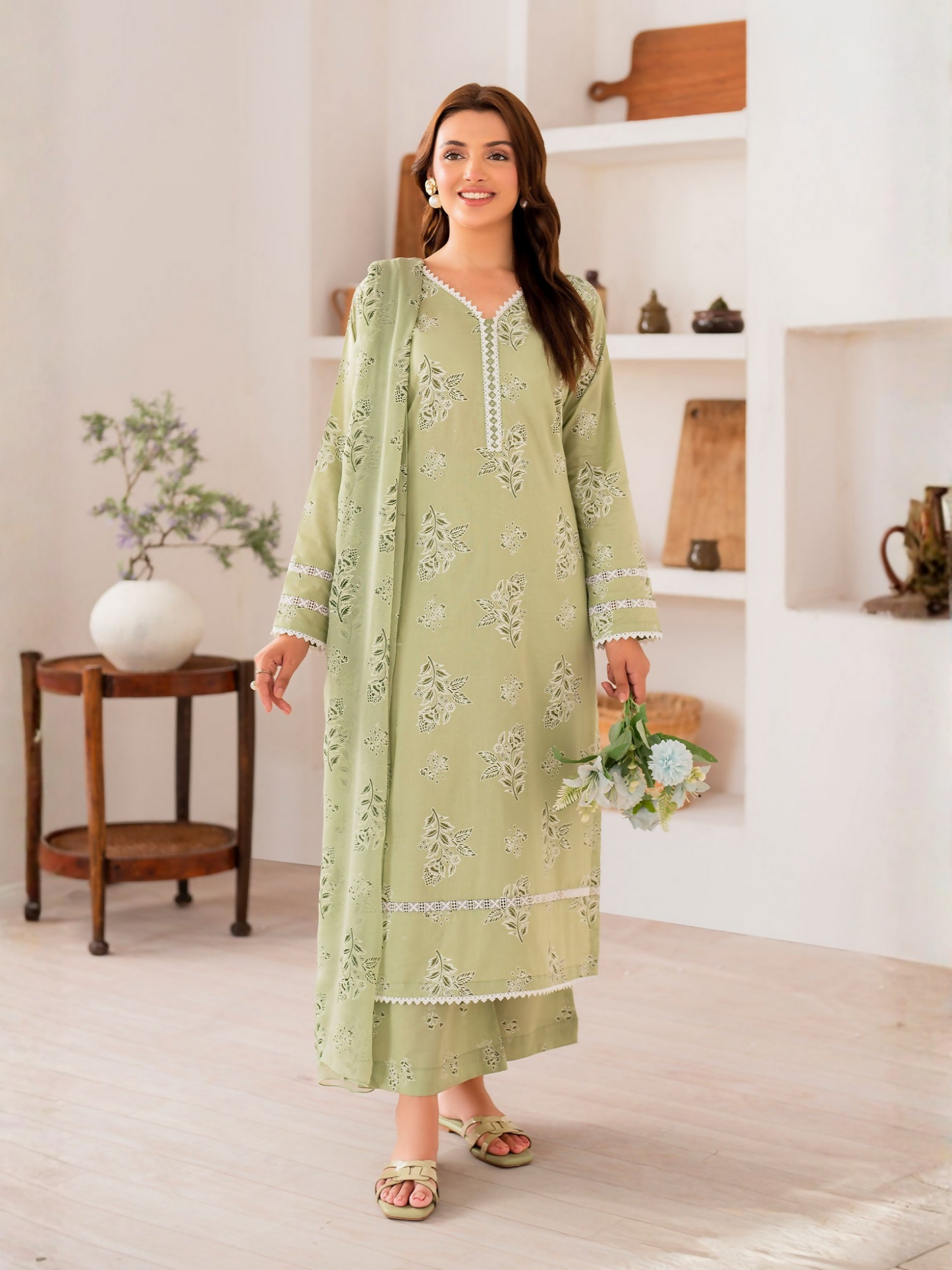 Panache Apparel Daily Essentials RTW Linen Printed Stitched 3-Piece Suit-Mosaic