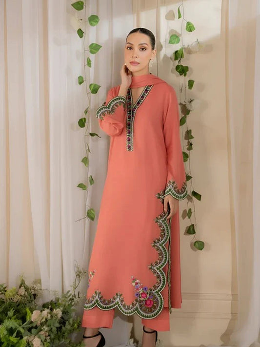 Salmon Pink Ayat Closet Linen Embroidered Stitched 3-Piece Suit-Laal-e-Rang