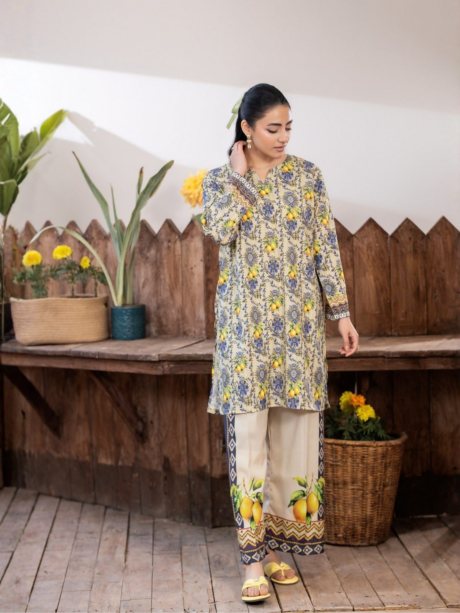 Panache Apparel Crepe De Luxe Crepe Printed Co-Ord Set-Lemon