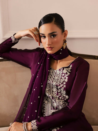 Allure By IH Be-My-Guest Thai Silk Embroidered Stitched 3-Piece Suit-Raisin