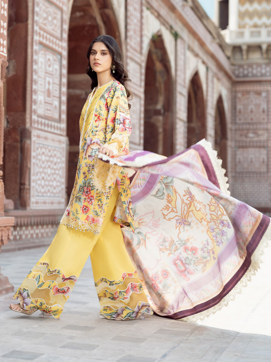 Embroidered digital printed front shirt with organza lace and motifs, chiffon dupatta, and dyed cotton trouser.