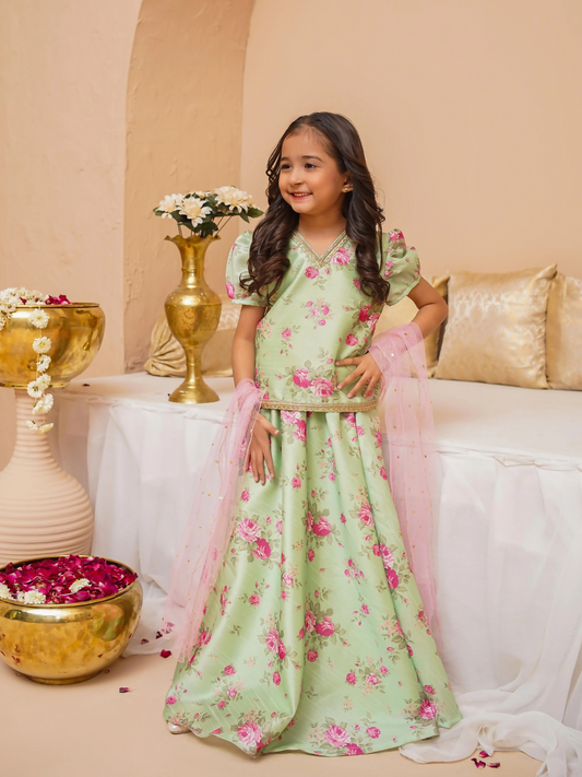 Kidoz Kloset Rang Rasiya Raw Silk Printed Stitched 3-Piece Suit-Minted Rose-Girl