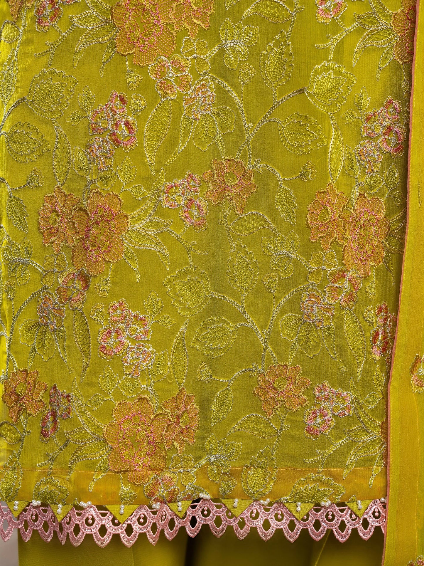 Hemstitch Chiffon Embroidered Stitched 3-Piece Suit-Parrot Green