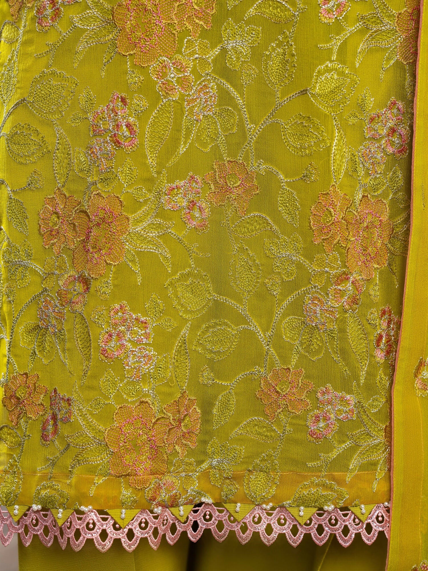 Hemstitch Chiffon Embroidered Stitched 3-Piece Suit-Parrot Green