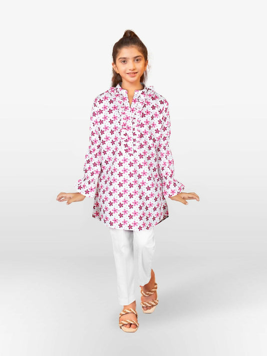 White and Pink Velvour Girls Printed Stitched Tunic-VG114-A