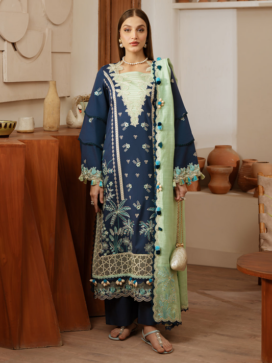 Unstitched 3-piece embroidered suit with detailed front, dyed back and trouser, and embroidered Monark dupatta.