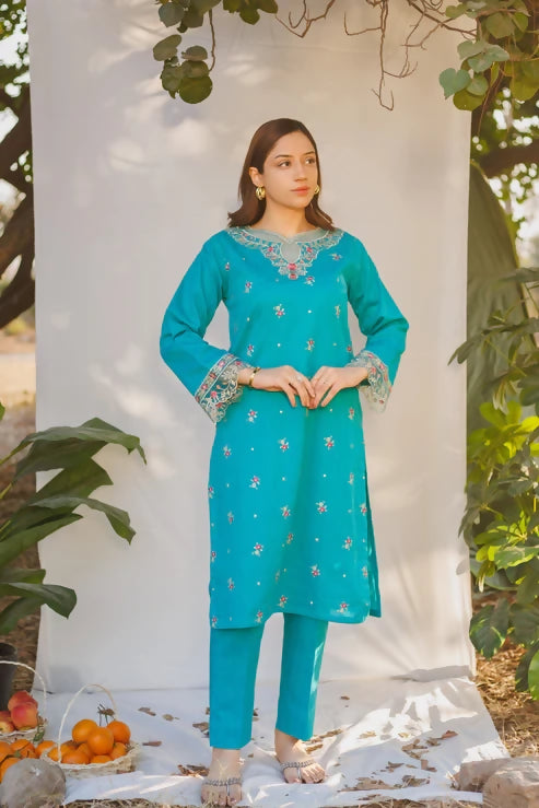 MAK Fashion Dobby Lawn Embroidered Co-Ord Set-Crimson