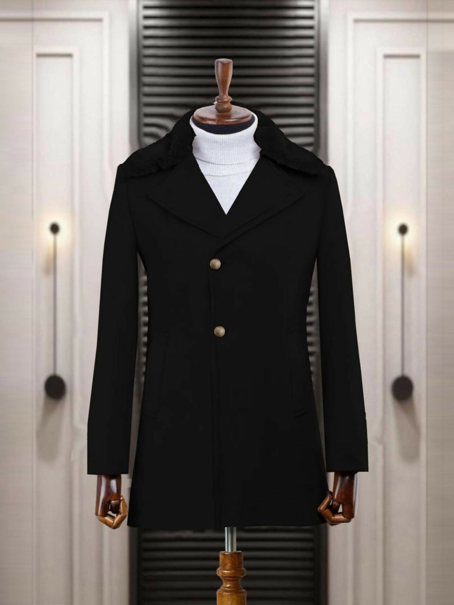 Black Jupiter Imported Fur Collar Premium Business Coat-14989