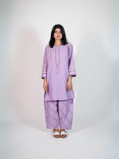 Trends Forever Karam Collection purple lawn stitched 2-piece suit featuring an embroidered shirt and embroidered shalwar for an elegant and polished appearance.