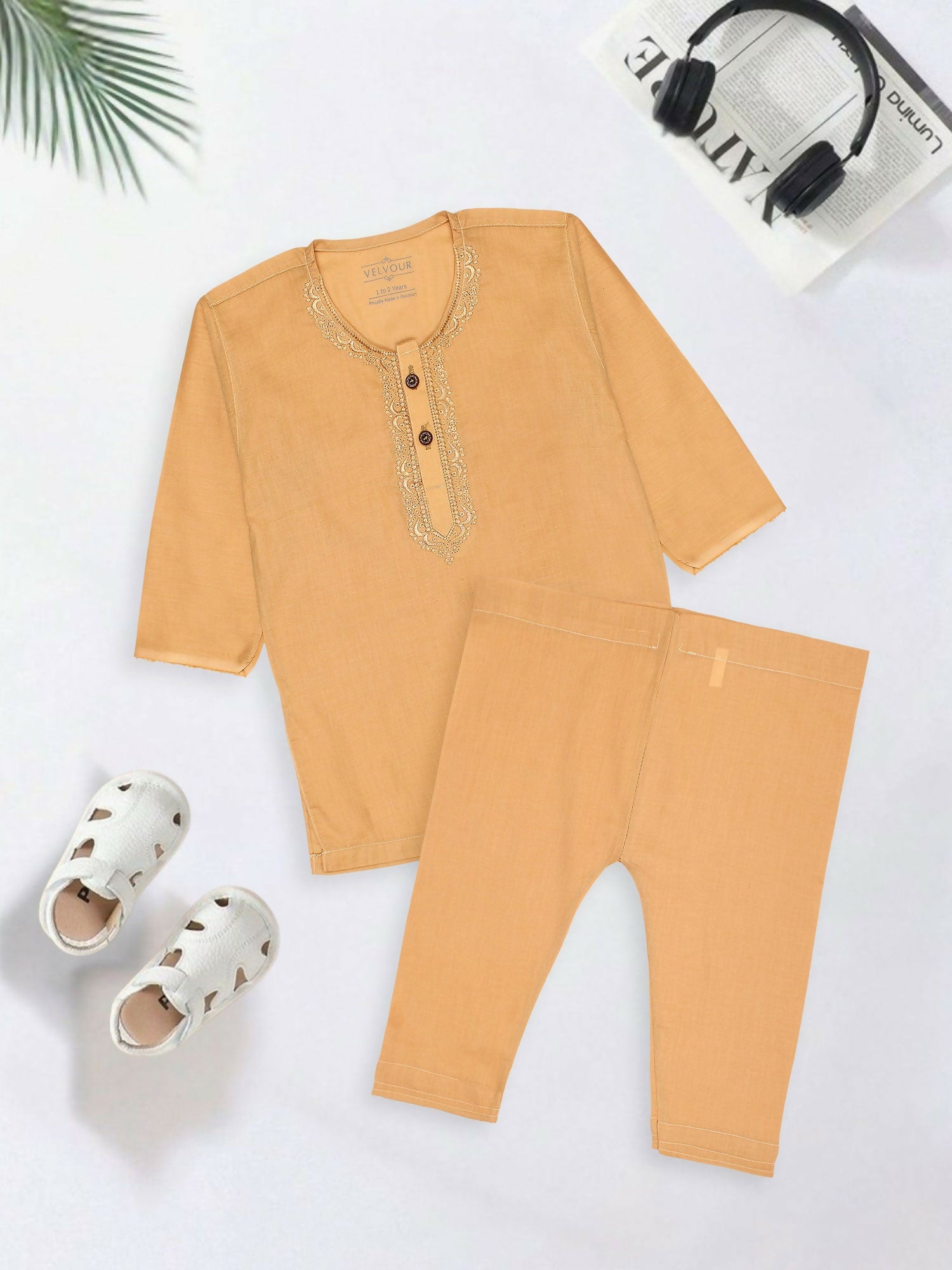 Embroidered stitched cotton kurta pajama suit with round neck, full sleeves, and regular fit, ideal for traditional and festive occasions