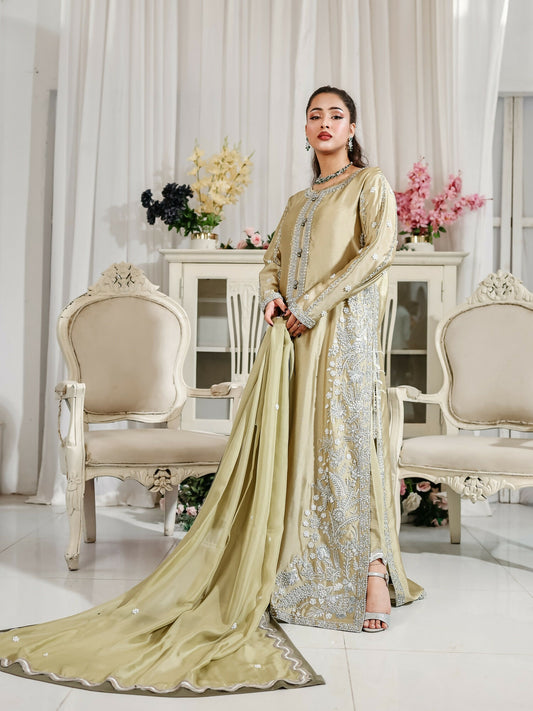 Farooq Hameed Studio Wedding Festive'25 Pure Glass Silk Embroidered Stitched 3-Piece Suit-Ismara