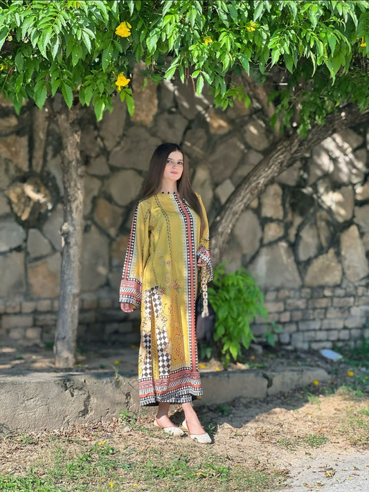 Tehzeeb Libas Silky Lawn Printed Stitched 2-Piece Suit-YELLOW BLUSH