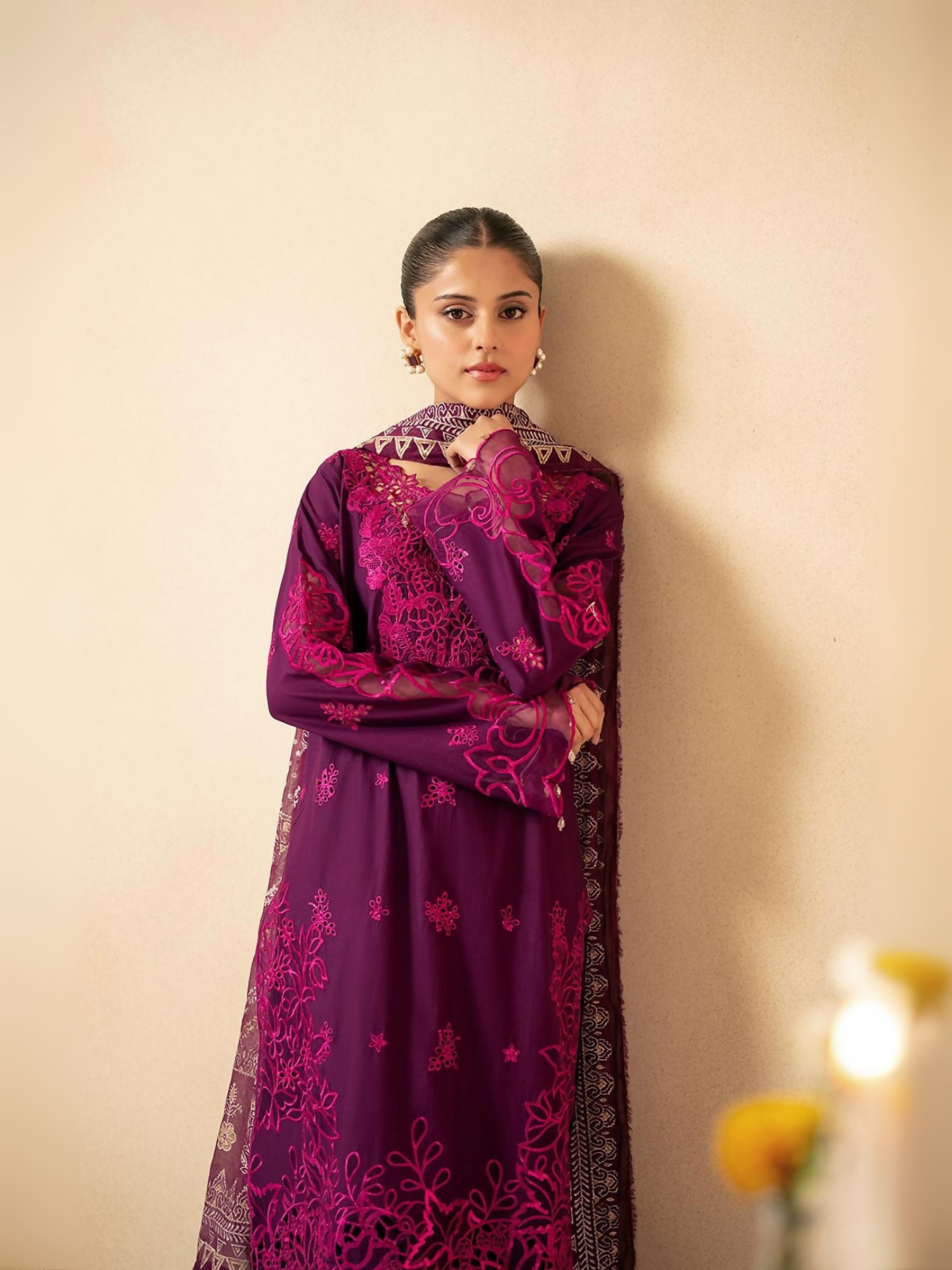 RajBari NORA 6-B plum purple embroidered unstitched 3-piece lawn suit with block printed dupatta