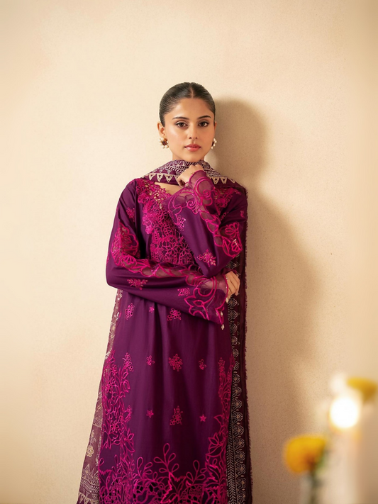 RajBari NORA 6-B plum purple embroidered unstitched 3-piece lawn suit with block printed dupatta