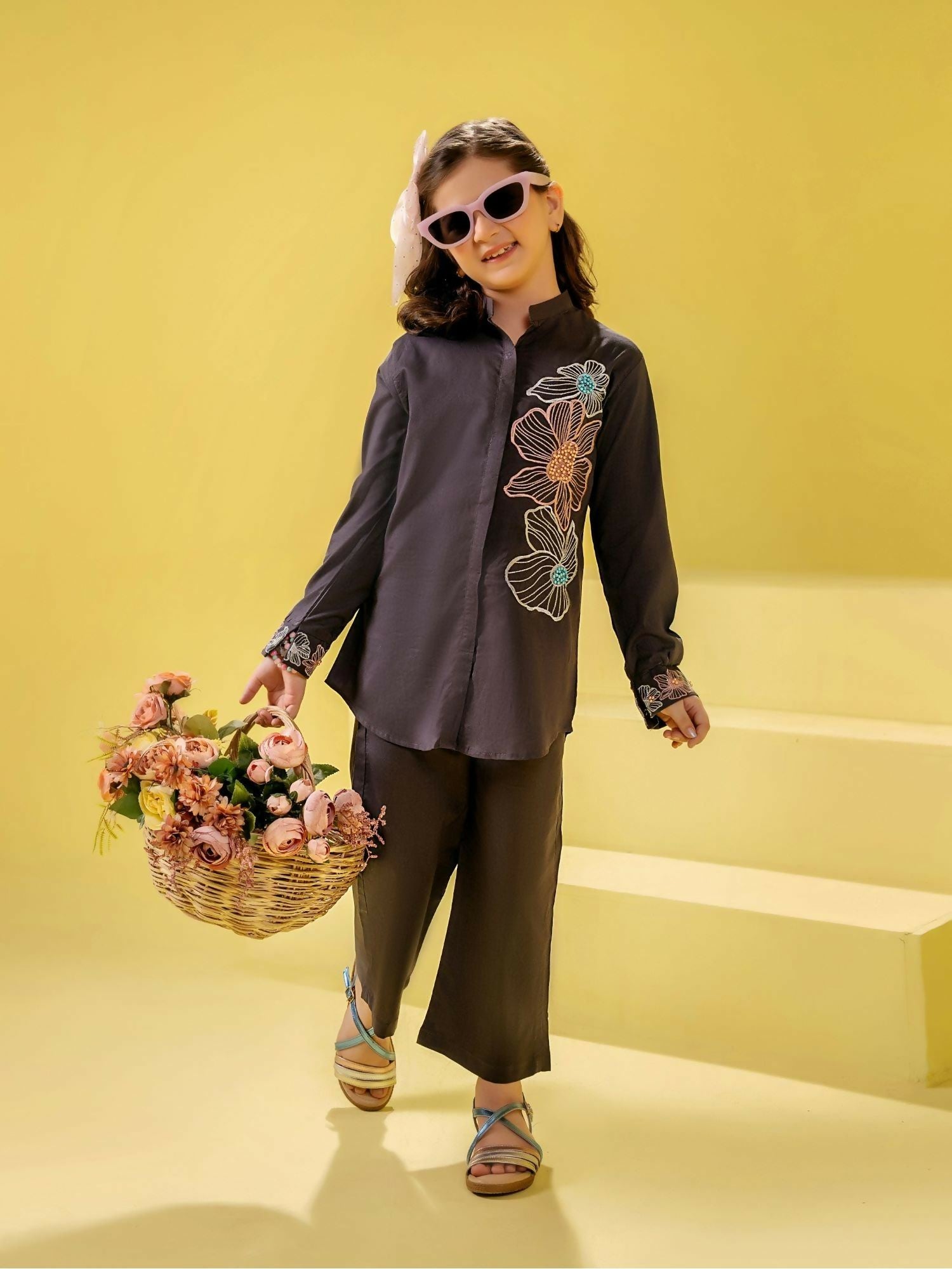 Cholocate Brown Velvour Girls Printed Co-ord Set-VG135