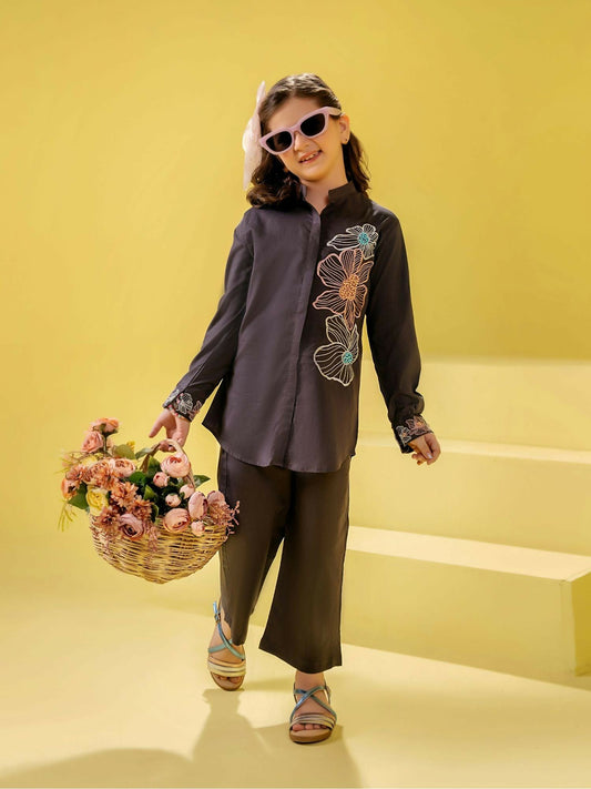 Cholocate Brown Velvour Girls Printed Co-ord Set-VG135