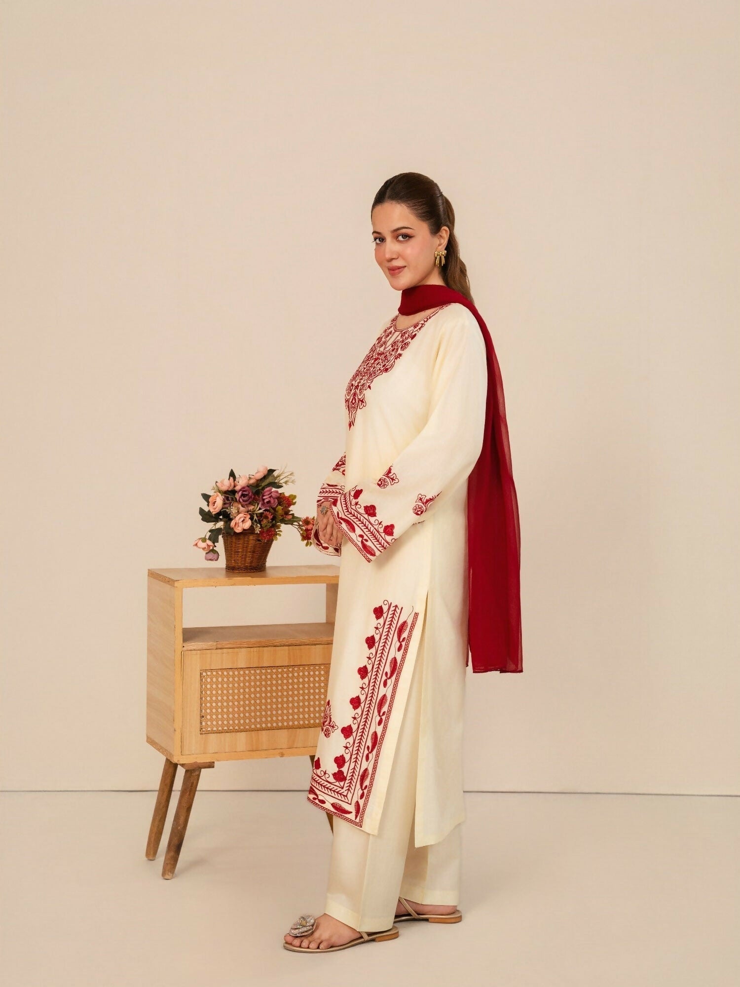 Stylish Collection Whisper Pret Linen Embroidered Stitched 3-Piece Suit-Laal Bahar
