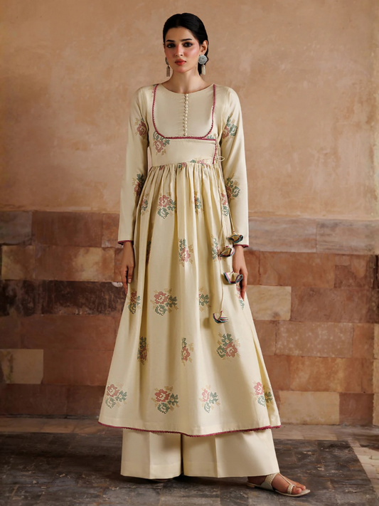 Cream Panache Apparel Noor Mahal Cotton Printed Stitched Suit-Noorzaad